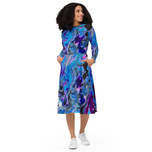 Blue Velvet- long sleeve midi dress